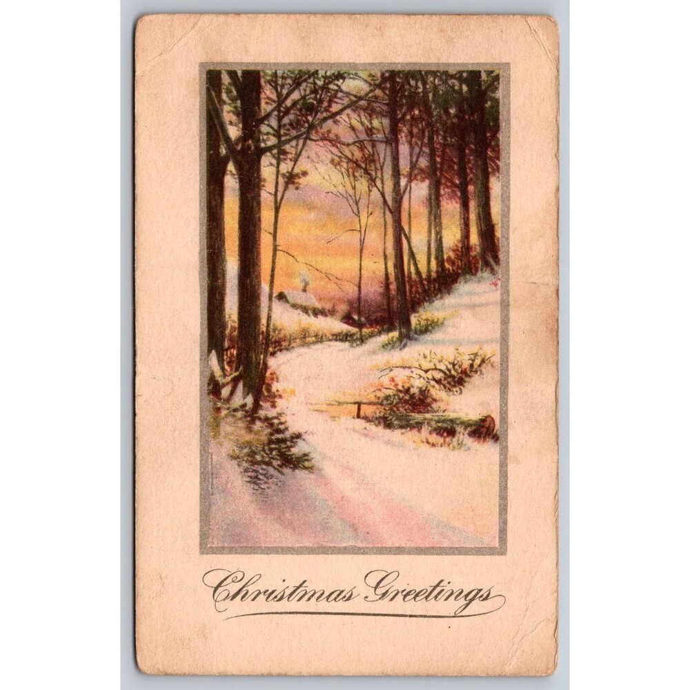 Antique Postcard Christmas Greetings Snowy Forest Posted c1910 Lansdowne MD